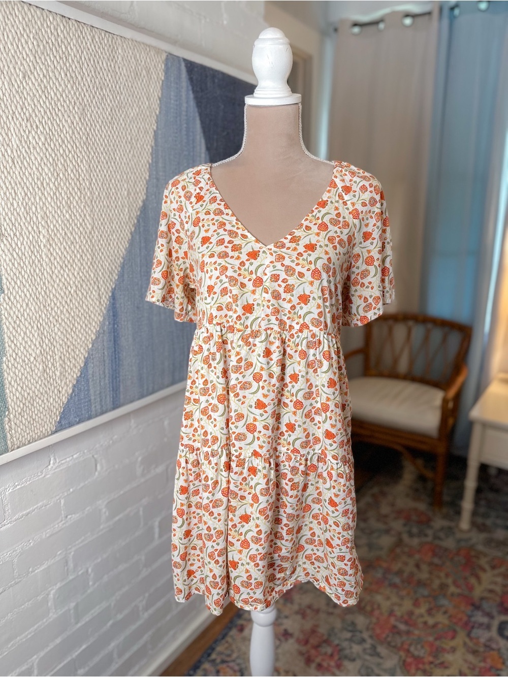 Old Navy White and Orange Boho Floral Babydoll Dress